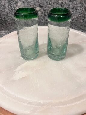 Set of 2 Hand-Blown Recycled Glass Shot Glasses – Green Rim Artisan Barware